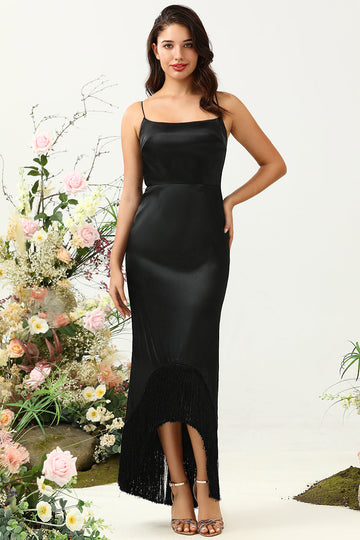 Sheath Spaghetti Straps Black Tea Length Formal Dress with Bowknot